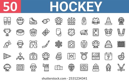 50 Satz von Umrissen Web-Hockey-Symbole wie Hockey-Helm, Schlittschuhe, Trophäe, Air Hockey, Wimpel, Kanada, Sport Ansager Vektor dünne Symbole für Bericht, Präsentation, Diagramm, Web-Design, mobil