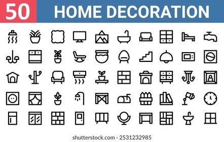 50 set of outline web home decoration icons such as plant, pillow, chandelier, pet house, plug, mailbox, fridge vector thin icons for report, presentation, diagram, web design, mobile app