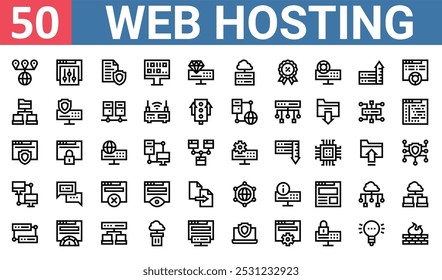 50 conjunto de delinear web hospedagem ícones tais como ting, arquivo, armazenamento de dados, navegador, computador, conexão, banco de dados vetor ícones finos para relatório, apresentação, diagrama, web design, aplicativo móvel