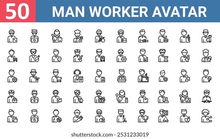 50 conjunto de esboço web man trabalhador avatar ícones como programador, dentista, vendedor, jogador de futebol, capitão, médico, arquiteto vetor ícones finos para relatório, apresentação, diagrama, web design, móvel