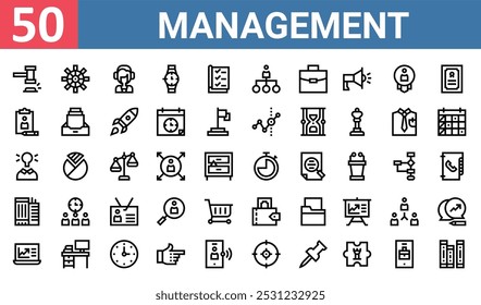 50 conjunto de delinear ícones de gerenciamento da web, como roda, suporte online, resumo, ideia, edifício do escritório, carteira, laptop vetor ícones finos para relatório, apresentação, diagrama, web design, aplicativo móvel