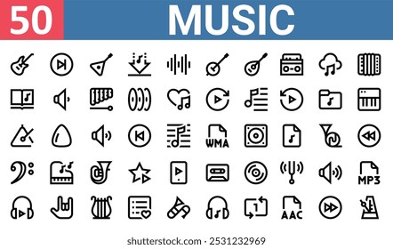 50 set of outline web music icons such as end, folk, notes, triangle, bass clef, caste, play vector thin icons for report, presentation, diagram, web design, mobile app
