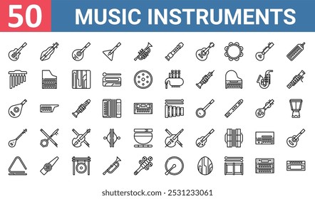 50 set of outline web music instruments icons such as dulcimer, mandolin, chimes, lute, tanbur, cello, triangle vector thin icons for report, presentation, diagram, web design, mobile app