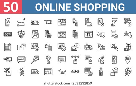 50 set of outline web online shopping icons such as delivery, voucher, note, order, bill, delivery, aircraft vector thin icons for report, presentation, diagram, web design, mobile app