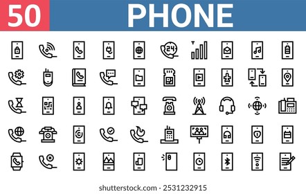 50 set of outline web phone icons such as phone call, smartphone, phone call, call, mobile smartwatch vector thin icons for report, presentation, diagram, web design, mobile app