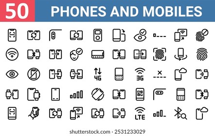 50 set of outline web phones and mobiles icons such as transfer, back camera, wifi, eye scanner, connection,  , smartphone vector thin icons for report, presentation, diagram, web design, mobile app