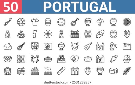 50 conjunto de esboço web portugal ícones tais como futebol, jersey, cruz, leito da bairrada, gazpacho, portugal, moinho de vento vetor ícones finos para relatório, apresentação, diagrama, web design, aplicativo móvel