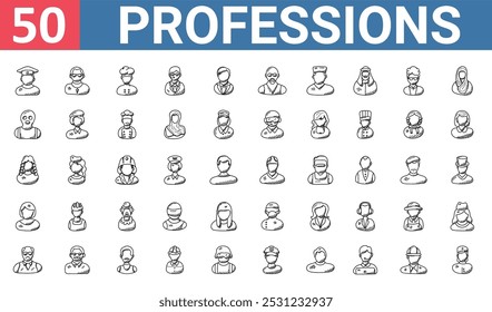 50 conjunto de delinear web professions ícones como sacerdote, cozinheiro, ladrão, advogado, recepcionista, cirurgião, vendedor vetor ícones finos para relatório, apresentação, diagrama, web design, aplicativo móvel