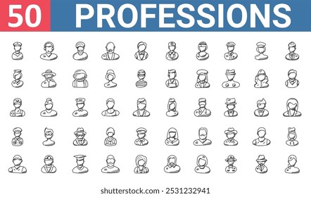 50 set of outline web professions icons such as phone operator, muslim, air hostess, delivery boy, cop, nun, baseball player vector thin icons for report, presentation, diagram, web design, mobile