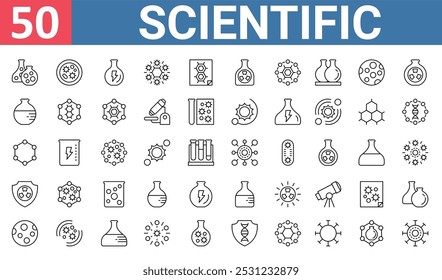 50 conjunto de esboços de ícones científicos da web, como placa de petri, energia, química, átomos, nuclear, frasco, planeta vetor ícones finos para relatório, apresentação, diagrama, web design, aplicativo móvel