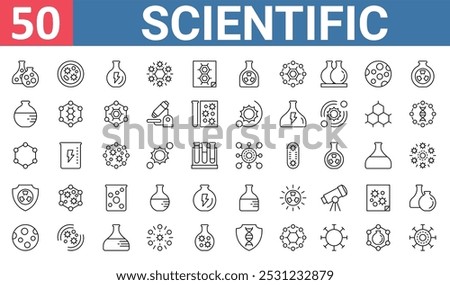 50 set of outline web scientific icons such as petri dish, power, chemistry, atoms, nuclear, flask, planet vector thin icons for report, presentation, diagram, web design, mobile app