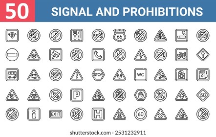 50 set of outline web signal and prohibitions icons such as no plug, no parking, no entry, bus stop, bear, camera, mobile vector thin icons for report, presentation, diagram, web design, mobile app