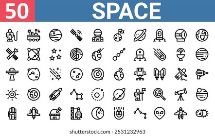 50 set of outline web space icons such as  , mars, satellite, ufo, sun, planet, glove vector thin icons for report, presentation, diagram, web design, mobile app