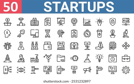 50 set of outline web startups icons such as trophy, office, thinking, leadership, startup, time, online shop vector thin icons for report, presentation, diagram, web design, mobile app
