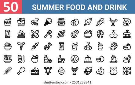 50 set of outline web summer food and drink icons such as french fries, shrimp, soft drink, fruit salad, noodles, donut, sausage vector thin icons for report, presentation, diagram, web design,