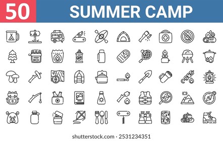 50 conjunto de iconos de campamento de verano de Web de contorno como, autocaravana, pino, champiñones, mochila, malvaviscos, Vector de oso delgados iconos para informe, presentación, diagrama, Diseño web, App móvil