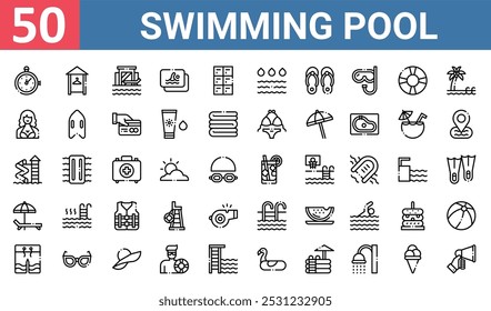 50 conjunto de iconos de la piscina del Web del contorno tales como vestidor, centro turístico, mujer, tobogán acuático, sunbed, piscina, Vector del traje de baño iconos finos para el informe, presentación, diagrama, Diseño web, móvil