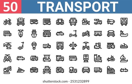 50 conjunto de delinear ícones de transporte web como caminhão, ônibus, van, helicóptero, todo o terreno, van, escavadora vetor ícones finos para relatório, apresentação, diagrama, web design, aplicativo móvel