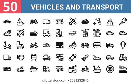 50 set of outline web vehicles and transport icons such as sailboat, motorcycle, stair truck, quad, truck, skateboard, bus vector thin icons for report, presentation, diagram, web design, mobile app