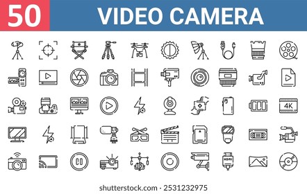 50 set of outline web video camera icons such as focus, director chair, video camera, camera, tv monitor, clapperboard, vector thin icons for report, presentation, diagram, web design, mobile app