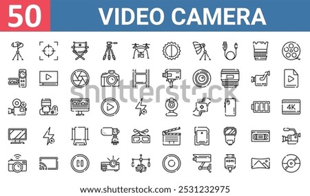 50 set of outline web video camera icons such as focus, director chair, video camera, camera, tv monitor, clapperboard, vector thin icons for report, presentation, diagram, web design, mobile app