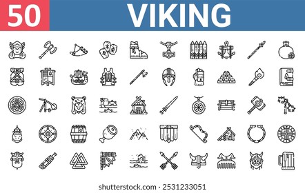 50 set of outline web viking icons such as axe, horn, armor, shield, pouch, skirt, viking vector thin icons for report, presentation, diagram, web design, mobile app