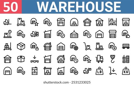 50 Satz von Umriss Web-Warehouse-Symbole wie Palette, Lager, Skala, Palette, Lager, Vektor dünne Symbole für Bericht, Präsentation, Diagramm, Web-Design, mobile App