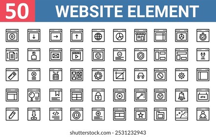 50 conjunto de ícones de elementos de web site da estrutura de tópicos como navegador, up, documento, página da web, web, player de vídeo, ícones finos gráficos de vetor para relatório, apresentação, diagrama, design, aplicativo móvel