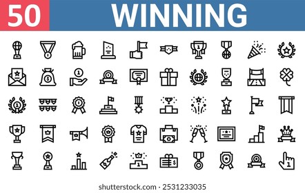 50 set of outline web winning icons such as medal, beer, winner, winner, cup, money, trophy vector thin icons for report, presentation, diagram, web design, mobile app