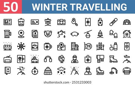 50 conjunto de iconos de viaje de invierno de Web de contorno tales como mochila, boleto, hotel, autobús, telesilla, turista, diario Vector delgado iconos para el informe, presentación, diagrama, Diseño web, App móvil