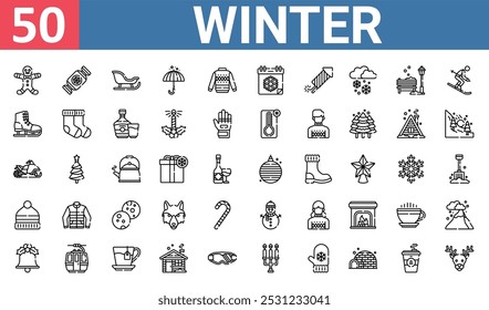 50 conjunto de contorno web ícones de inverno, como doces, trenó, patinação no gelo, snowmobile, chapéu, boneco de neve, sino vetor ícones finos para relatório, apresentação, diagrama, web design, aplicativo móvel