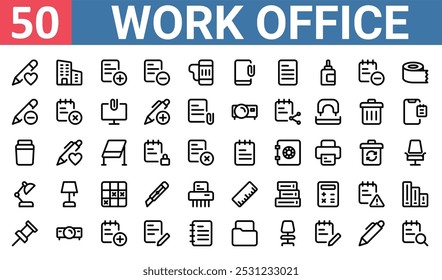 50 set of outline web work office icons such as office building, add, pencil, bottle, table lamp, ruler, push pin vector thin icons for report, presentation, diagram, web design, mobile app