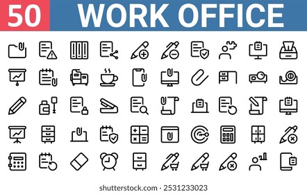 50 set of outline web work office icons such as paper, folders, graph, pencil, graphs, browser, safe box vector thin icons for report, presentation, diagram, web design, mobile app