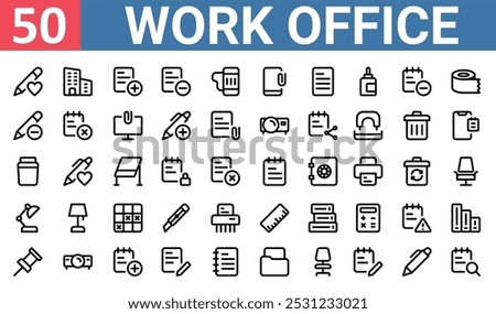 50 set of outline web work office icons such as office building, add, pencil, bottle, table lamp, ruler, push pin vector thin icons for report, presentation, diagram, web design, mobile app