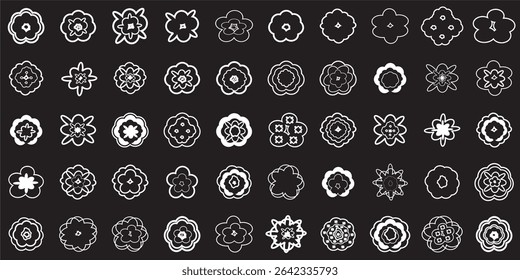 50 set of simple flower imagination image icons, beautiful cute blooming flowers isolated in black background, vector