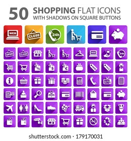 50 Shopping Flat Icons on Square Buttons.