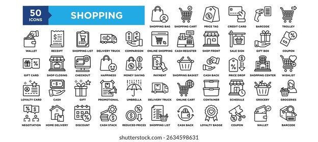 50 Shopping icon set. Containing design Grocery, Groceries, Wallet, Barcode, Trolley
