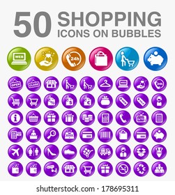 50 Shopping Icons on Bubbles.