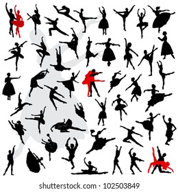 50 Silhouettes of ballerinas and dancer in movement