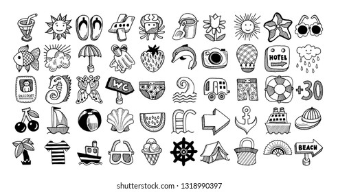 50 sketch icon set of summer theme, vector illustration