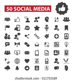 50 social media, community, blog, networks black isolated concept icons, illustrations set. Flat design vector for web, infographics, apps, mobile phone servces