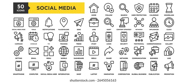 50 Social Media icon set. Containing design Home, Follow, Search, User Protection, Calendar, Hourglass
