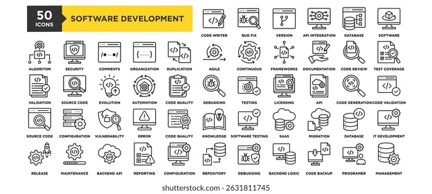 50 Software Development icon set. Containing design technology, computer, development, data, application	