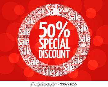 50% Special Discount circle stamp word cloud, business concept