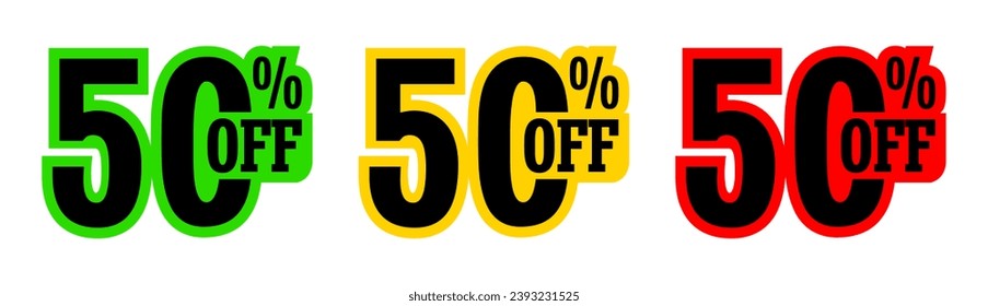 50% Special Offer vector, Super weekend best sale sticker label badge template, Sale banner special offer tag discount template set. Half price, buy now and hot deal special offer isolated