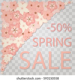 -50% Spring Sale. Vector abstract illustration of angular frame made of decorative Japanese cherry blossom - sakura flowers. Isolated on transparent background. Oriental poster. Asia concept. Eps 10