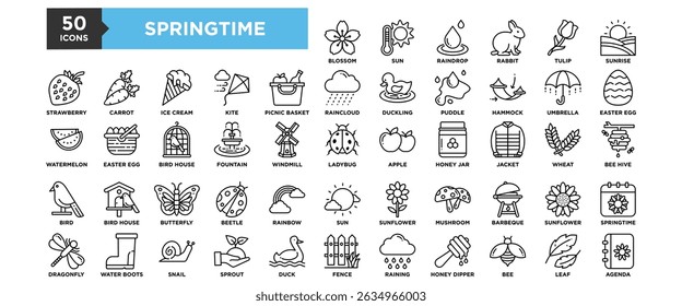 50 Springtime icon set. Containing design nature, background, plant, flower, blossom, spring, summer	