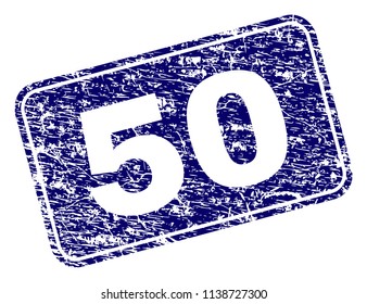 50 stamp seal print with grunge texture. Seal shape is a rounded rectangle with frame. Blue vector rubber print of 50 title with dust texture.