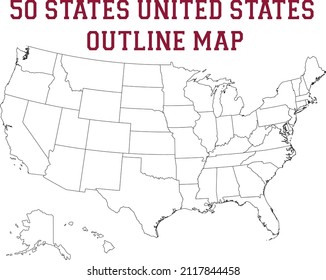 50 State map of United States of America. Black and white print map of USA for t-shirt, poster or geographic themes. Hand-drawn black map with states. Vector Illustration
