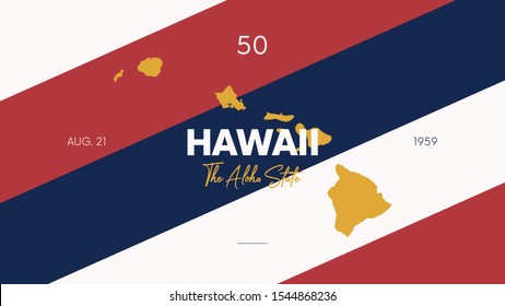 50 of 50 states of the United States with a name, nickname, and date admitted to the Union, Detailed Vector Hawaii Map for printing posters, postcards and t-shirts